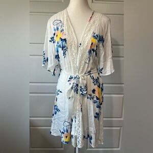 In Bloom Floral Kimono Duster Crochet Trim Open Front Cover Up Bohemian Robe LG